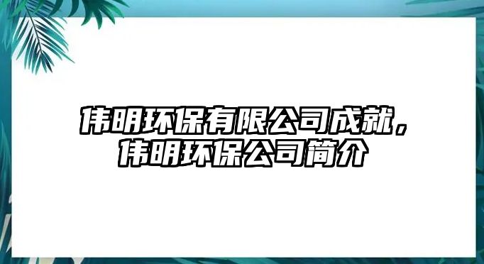 偉明環(huán)保有限公司成就，偉明環(huán)保公司簡介
